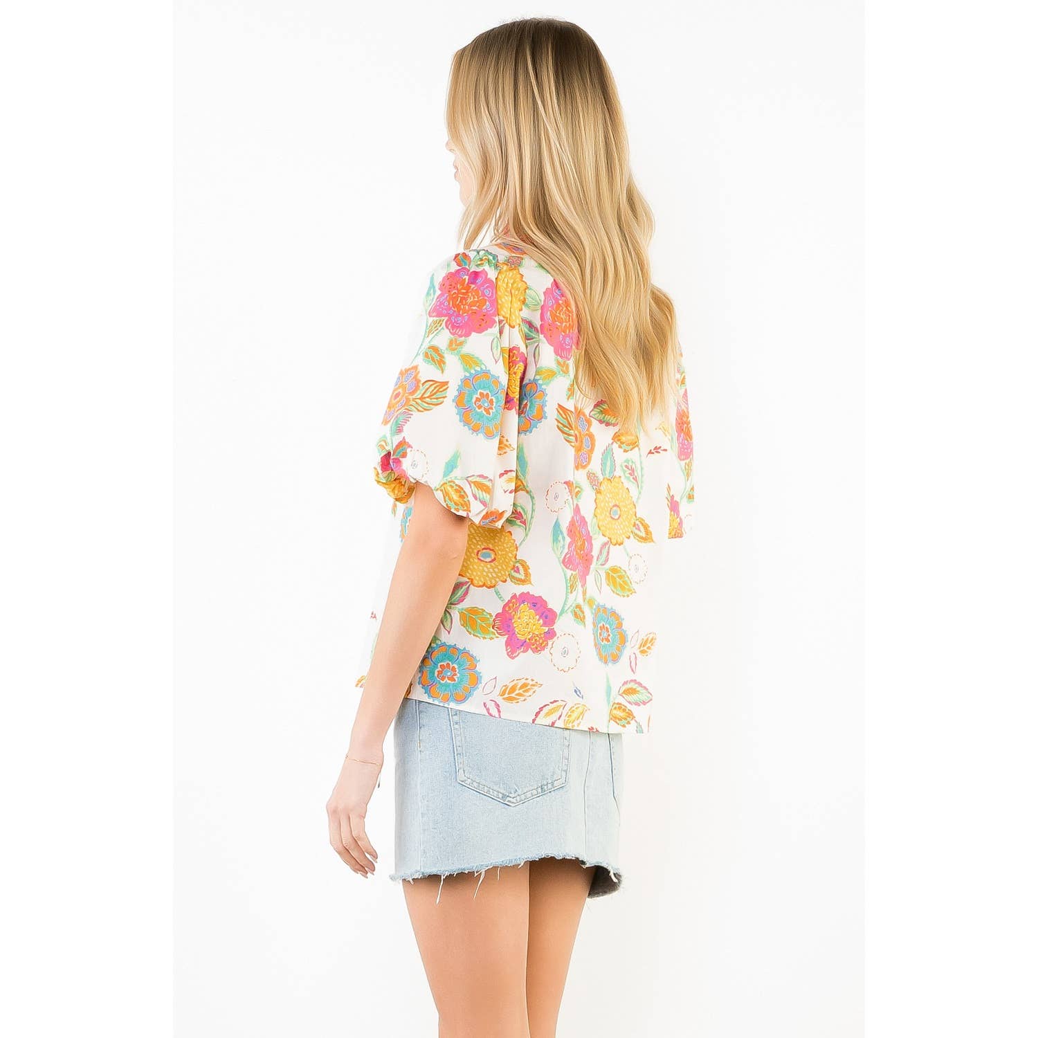Puff Sleeve Floral Pattern V-Neck Top - Gabrielle's Biloxi
