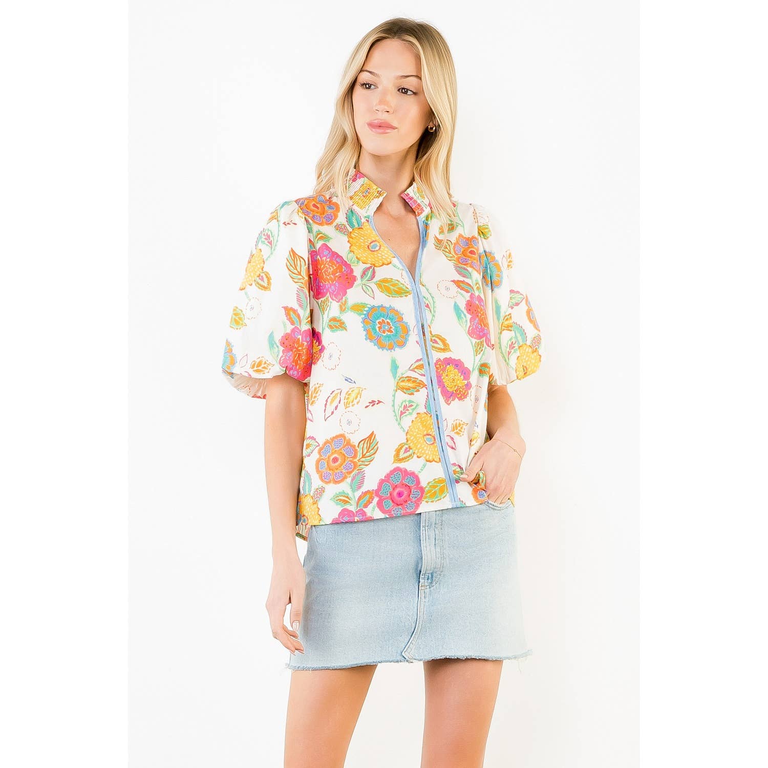Puff Sleeve Floral Pattern V-Neck Top - Gabrielle's Biloxi