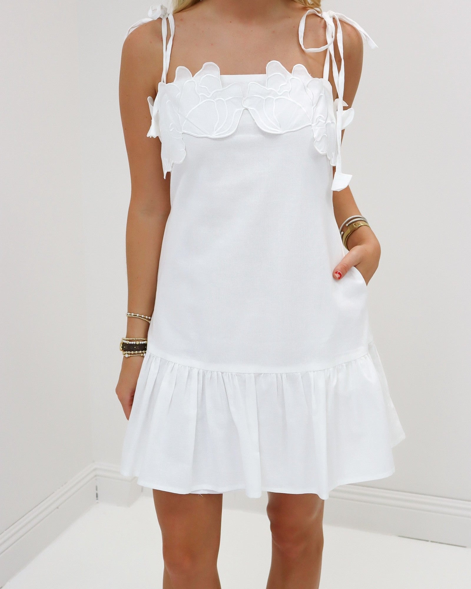 White Floral Applique Mini Dress