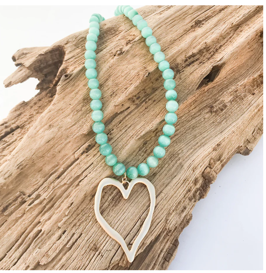 Virtue Gemstone Beaded Necklace w/ XL Heart - Mint Cat Eye - Gabrielle's Biloxi