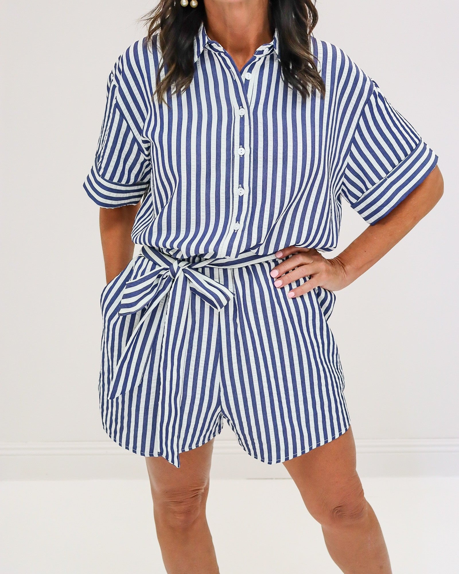 Navy Front Tie Striped Romper