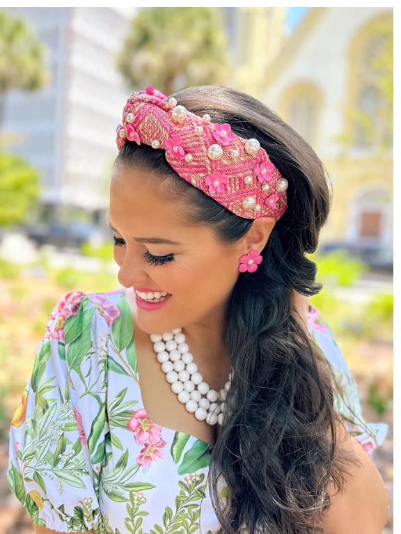 Breanna Cannon Pink & Tan Woven Headband with Flowers and Pearls - Gabrielle's Biloxi