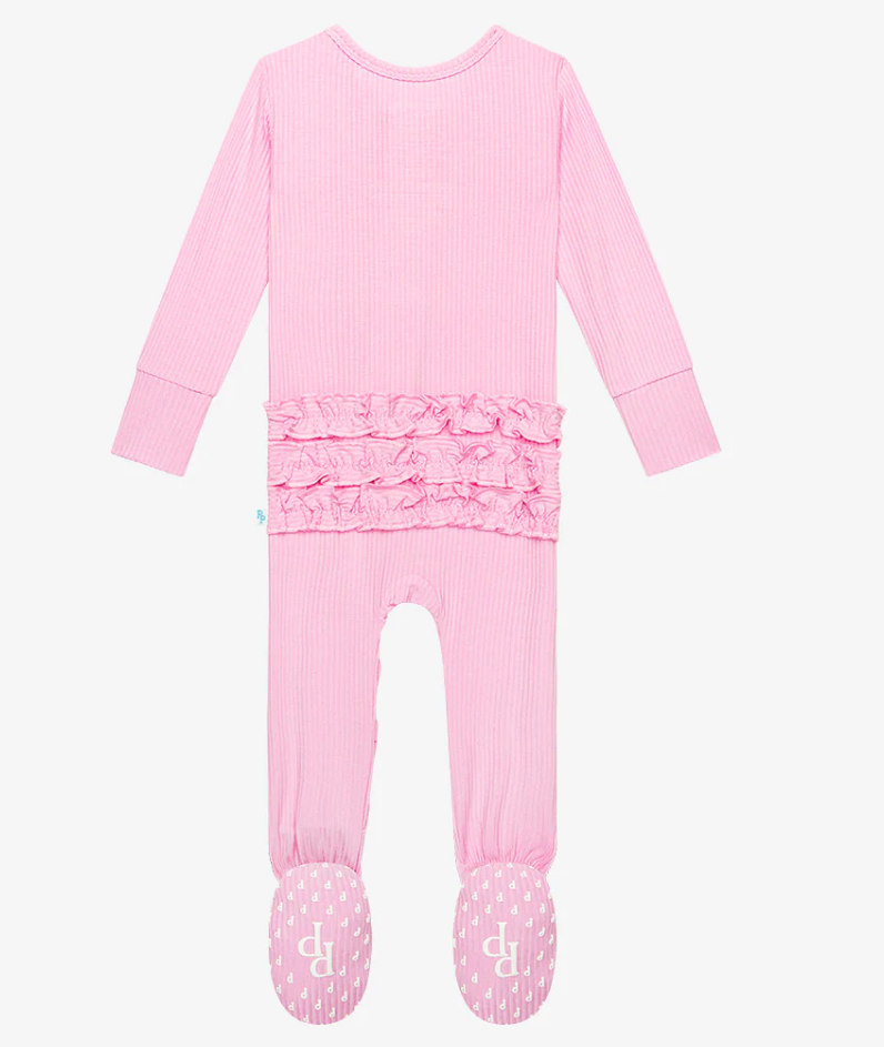 Posh Peanut Solid Ribbed Footie Ruffled Zippered One Piece - Posh Pink - Gabrielle's Biloxi