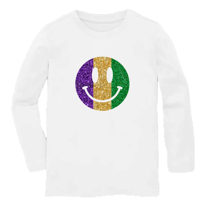Kids Mardi Gras Glitter Smiley Face on Long Sleeve White Top - Gabrielle's Biloxi