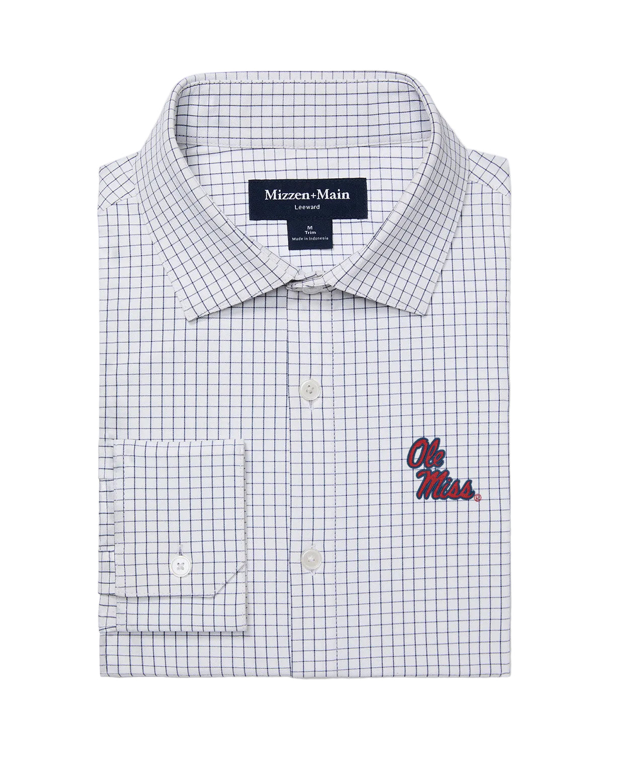 Ole Miss Leeward LS Trim Dress Shirt - White Navy Mini Grid - Gabrielle's Biloxi