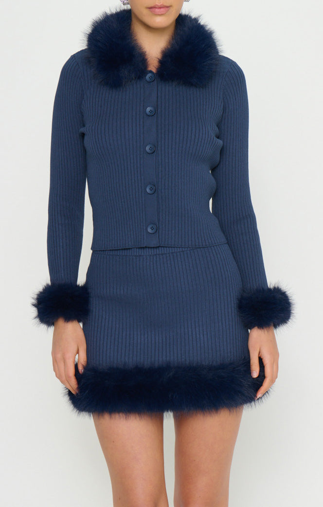 Show Me Your Mumu Chateau Cardigan - Navy Knit with Faux Fur