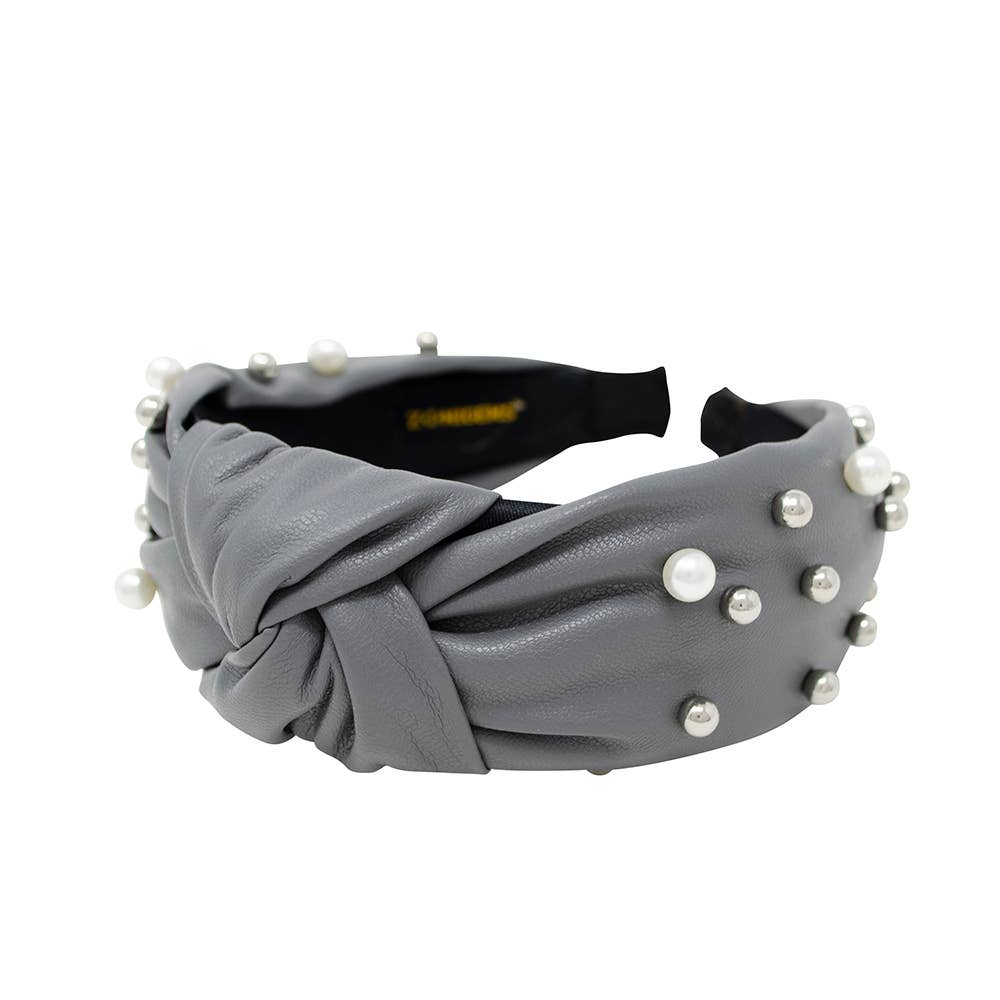 Leather Pearls & Studs Headband - Grey - Gabrielle's Biloxi