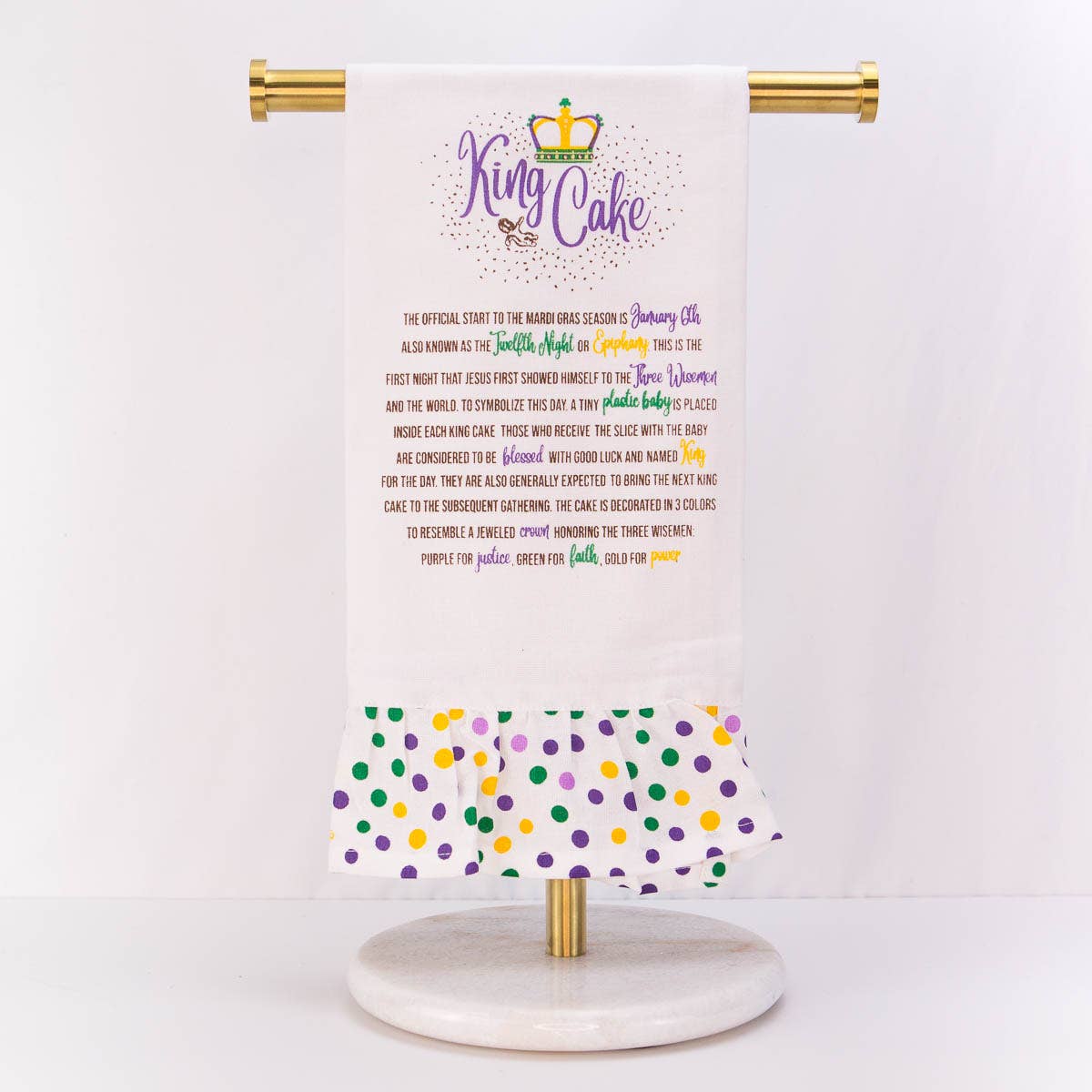 Story of the King Cake Ruffle Hand Towel White/Multi 20x28 - Gabrielle's Biloxi