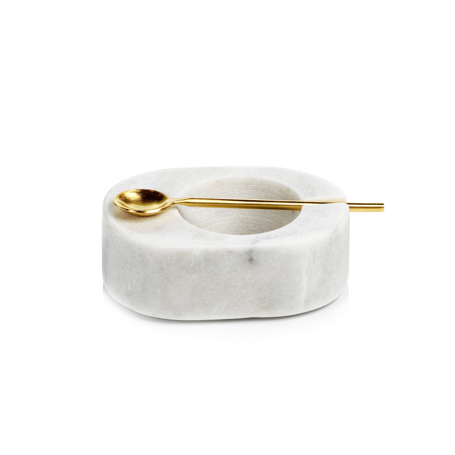 Tuscan White Marble Salt & Pepper Bowl with Gold Spoon - Gabrielle's Biloxi