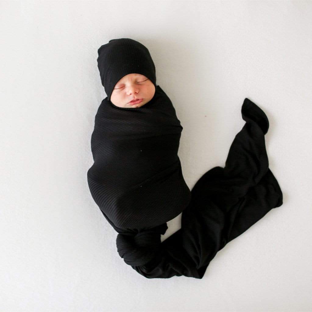 Posh Peanut Solid Ribbed-Black-Infant Swaddle and Beanie Set - Gabrielle's Biloxi