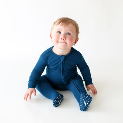 Posh Peanut Solid Color-Sailor Blue Footie Zippered One Piece - Gabrielle's Biloxi