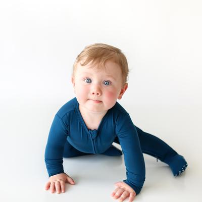 Posh Peanut Solid Color-Sailor Blue Footie Zippered One Piece - Gabrielle's Biloxi