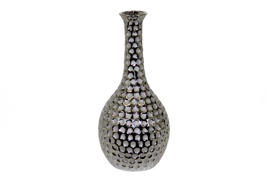 Ceramic Round Vase w/ Neck and Round Belly LG Dimpled Polished Chrome - Gabrielle's Biloxi