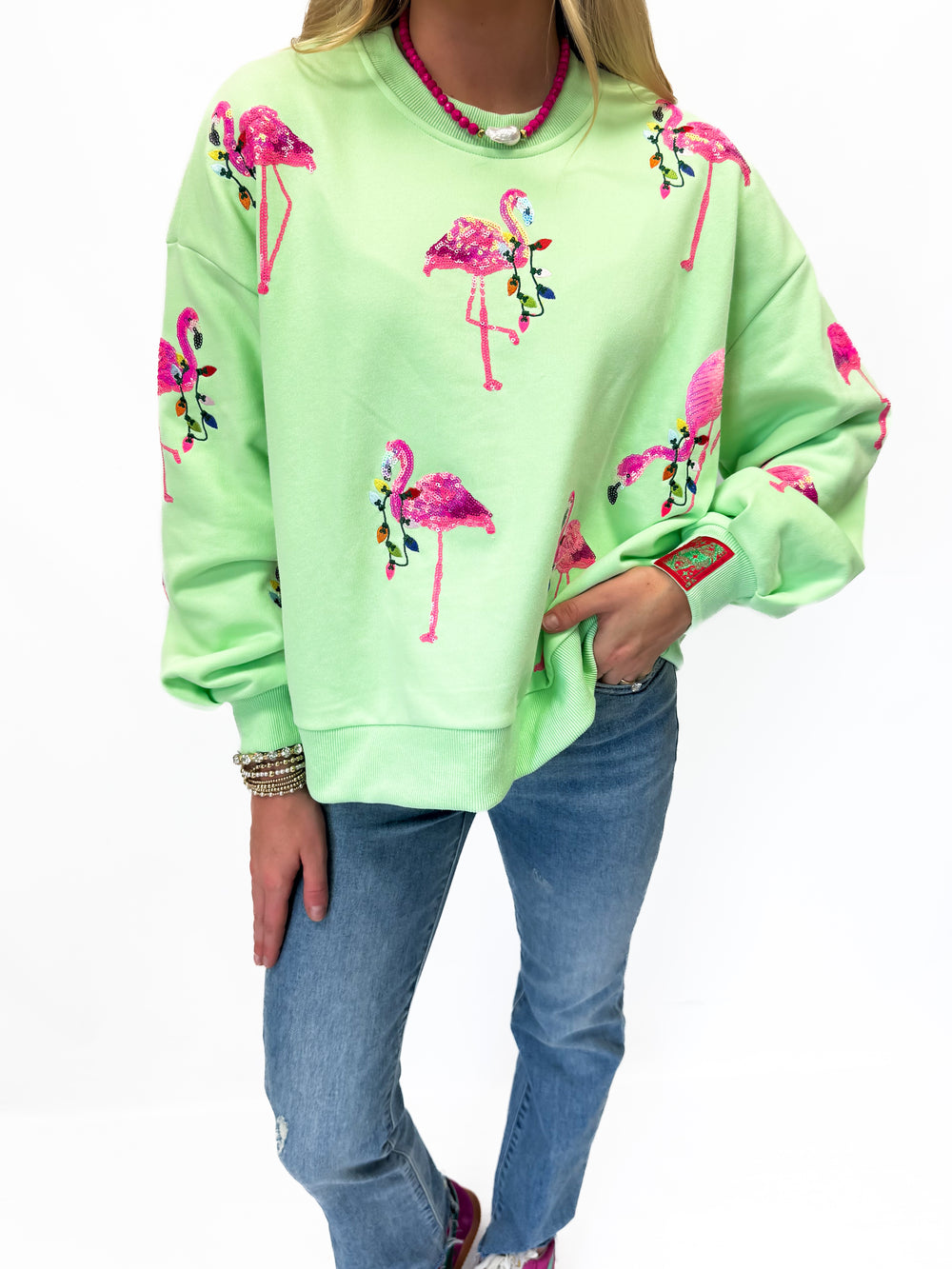 Queen of Sparkles Flamingo Christmas Sweatshirt - Mint - Gabrielle's Biloxi