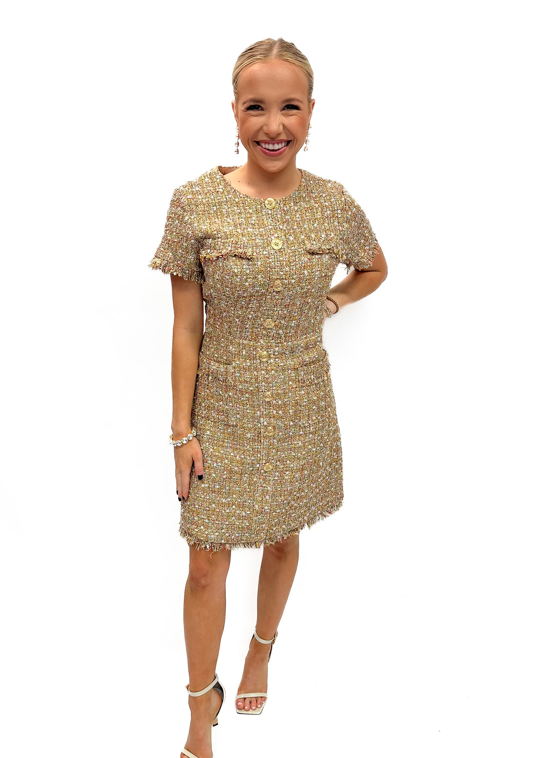 Mac Duggal Boucl Short Sleeve Mini Dress with Pockets - Latte Multi   Gabrielle's Biloxi