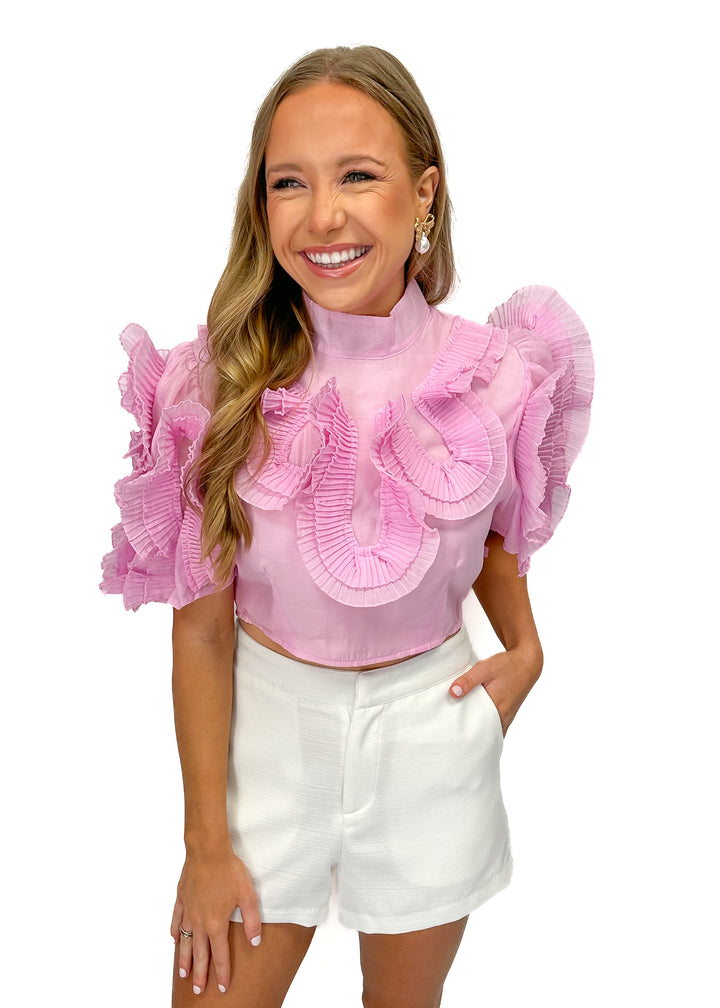 LBLOX Pleated Design Cropped Blouse - Pink - Gabrielle's Biloxi