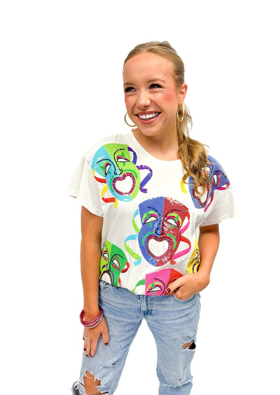 Queen of Sparkles White Multi Mardi Gras Mask Tee - Gabrielle's Biloxi