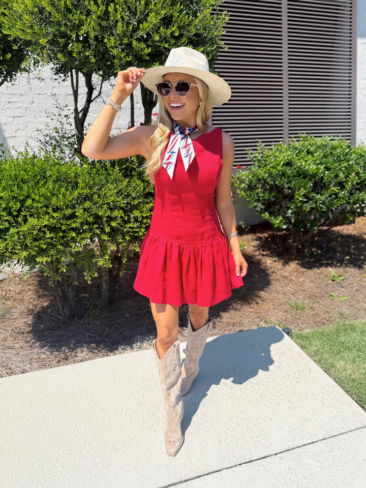 LBLOX Linen Drop Waist Mini Dress - Red - Gabrielle's Biloxi