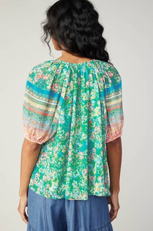 Floral Border Print Split-neck Blouse - Gabrielle's Biloxi
