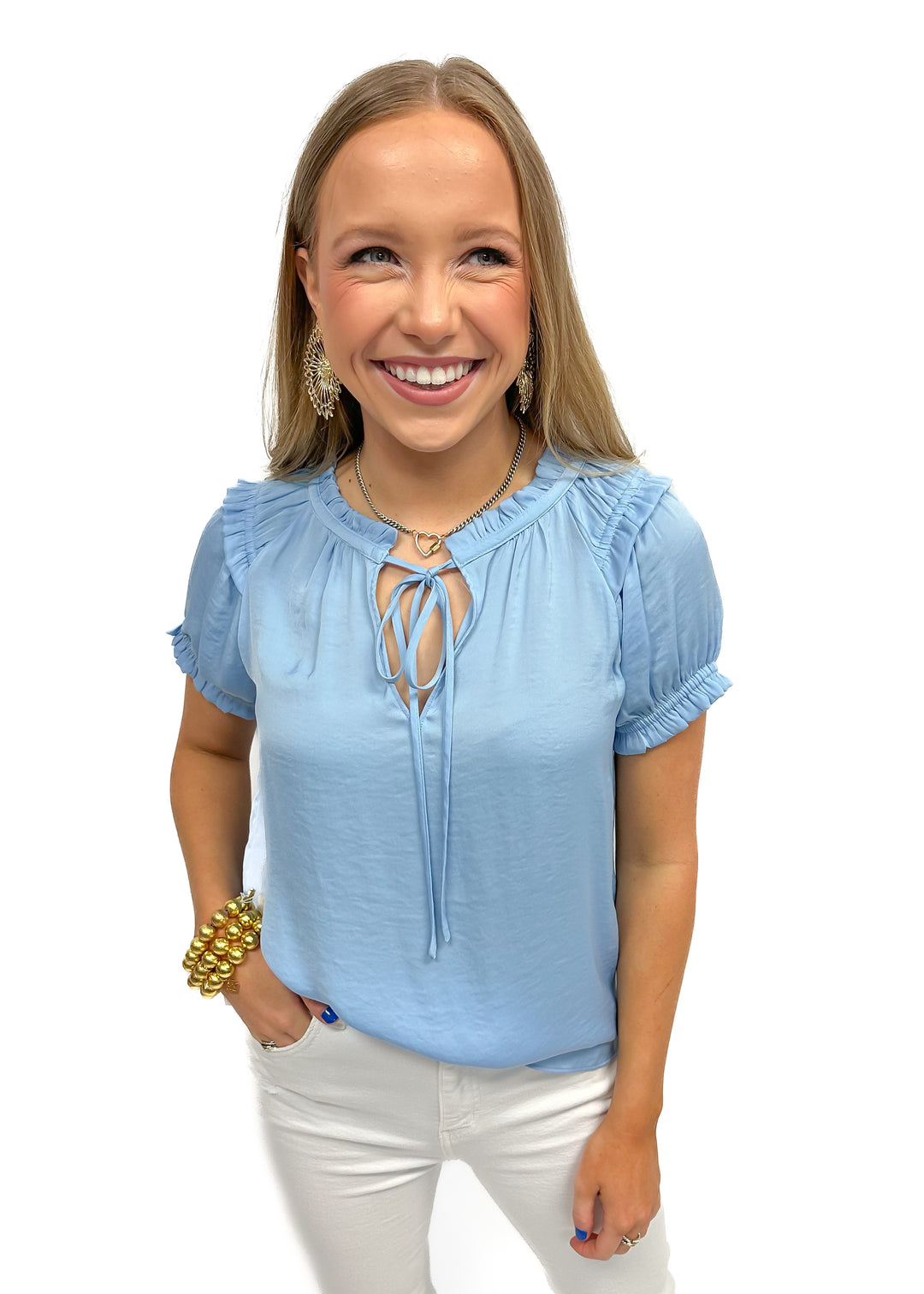 LBLOX Short Sleeve Tie Blouse - Sky Blue - Gabrielle's Biloxi