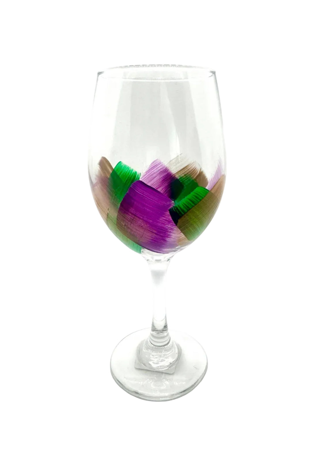 Wine glass with colorful brushstroke design on a white background