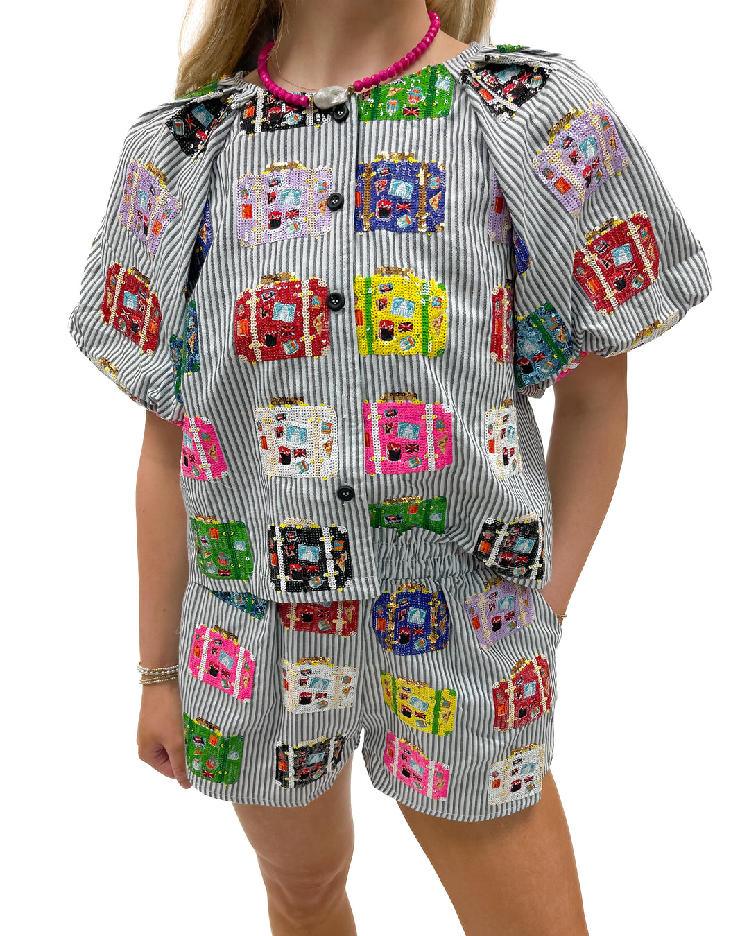 Queen of Sparkles Black & White Stripe Vintage Suitcase Shorts - Gabrielle's Biloxi