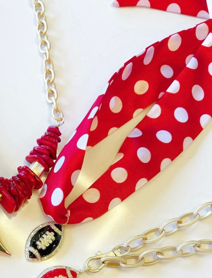 Virtue Football on Scarf Necklace - Black/Red & White Polka Dots - Gabrielle's Biloxi