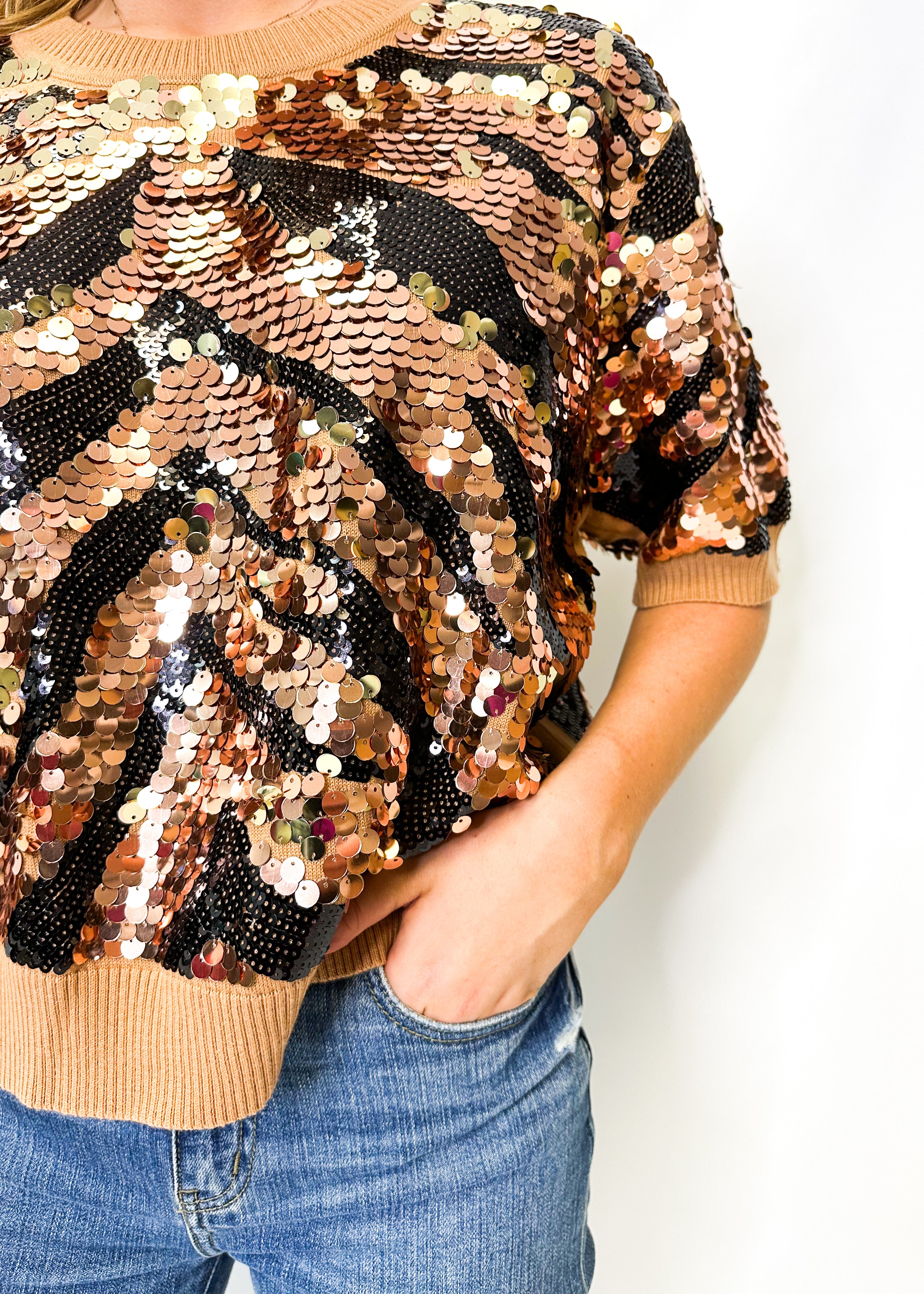 Queen of Sparkles Tan & Black Tiger Full Sequin Sweater - Gabrielle's Biloxi