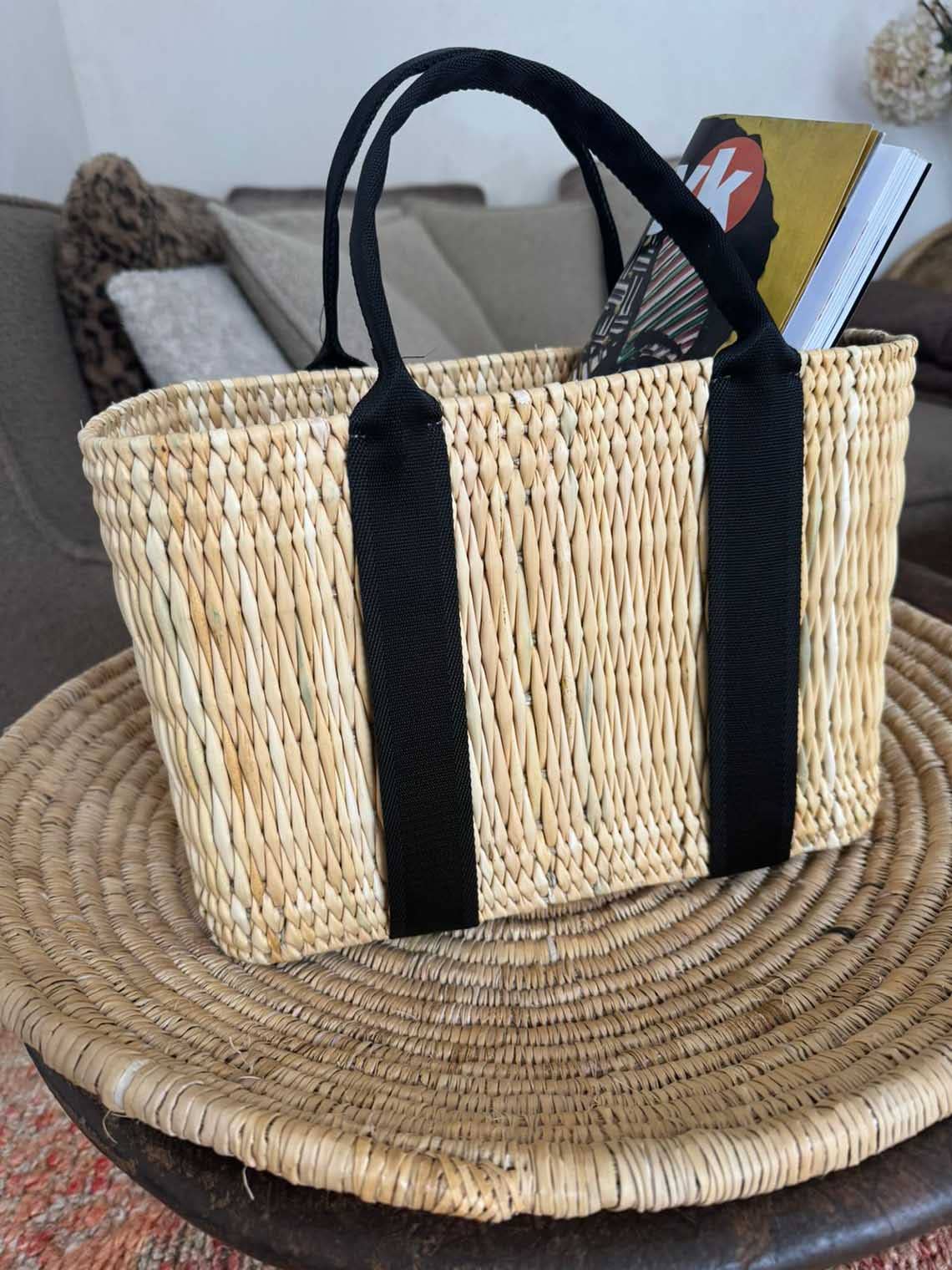Straw Beach Basket with Black Straps - Thumbnail 4