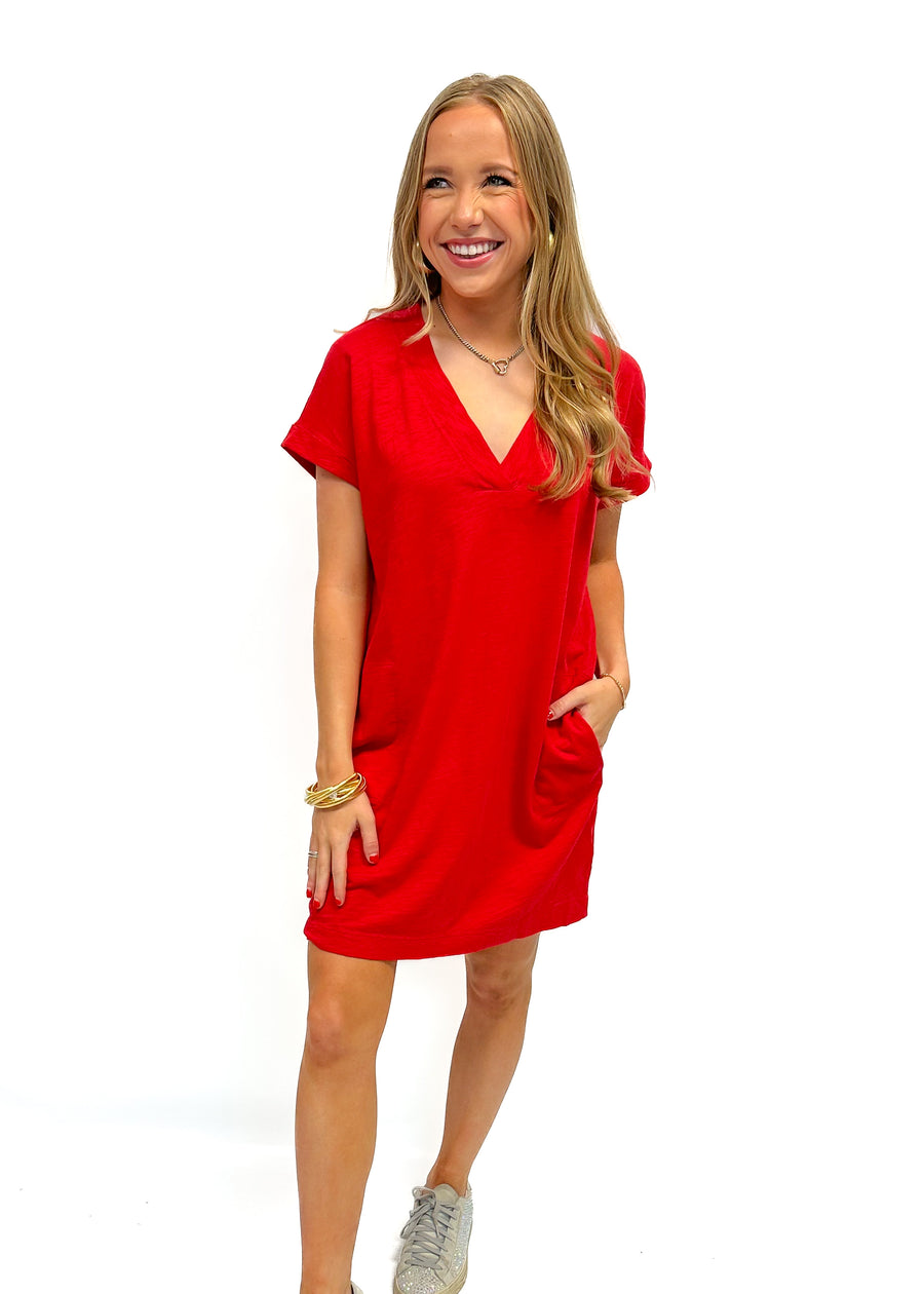 Bobi Roll Sleeve V-Neck Pocket Dress - Red Hot - Gabrielle's Biloxi