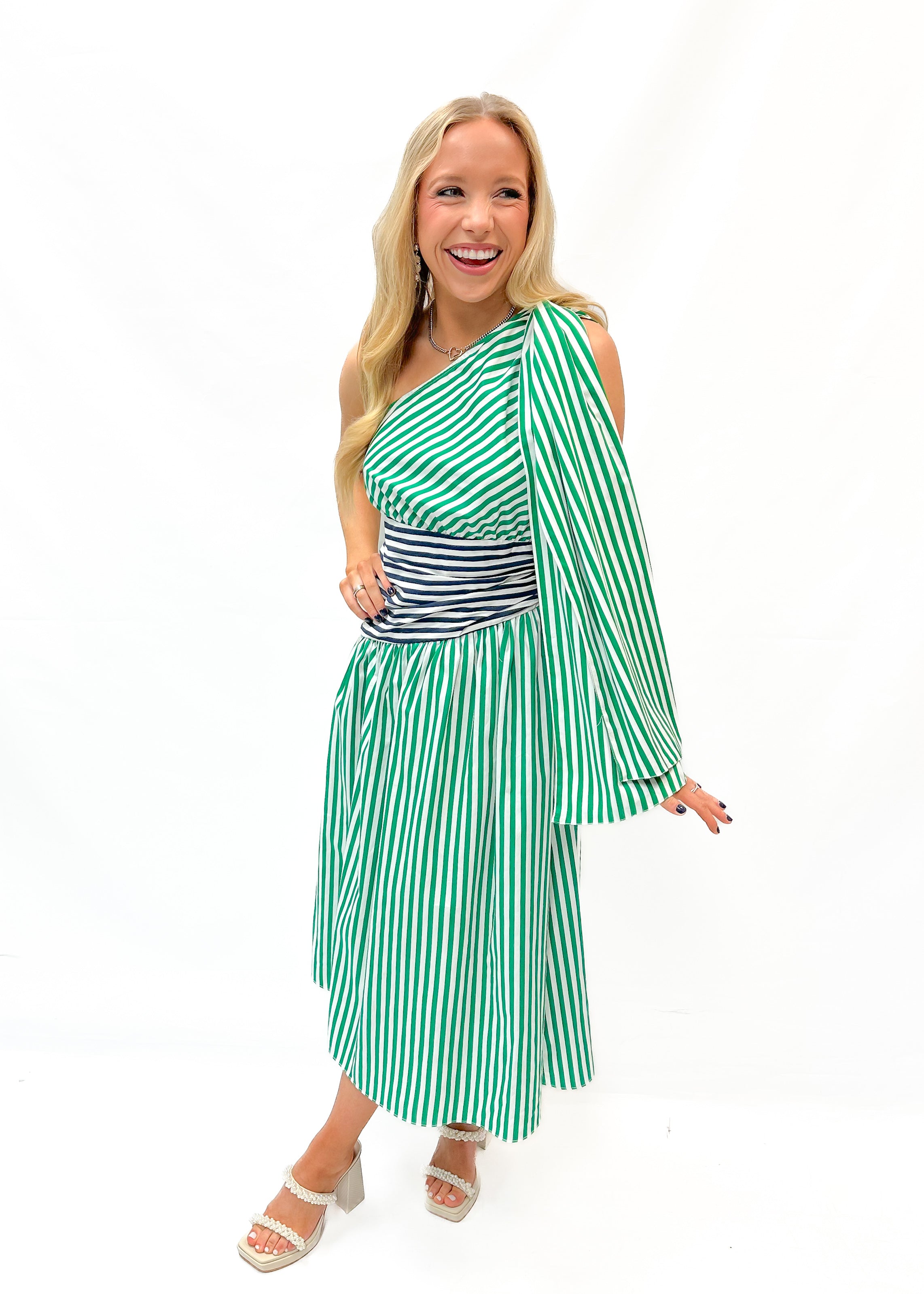 French Connection Alexis Cotton One Shoulder Dress - Green - Gabrielle's Biloxi