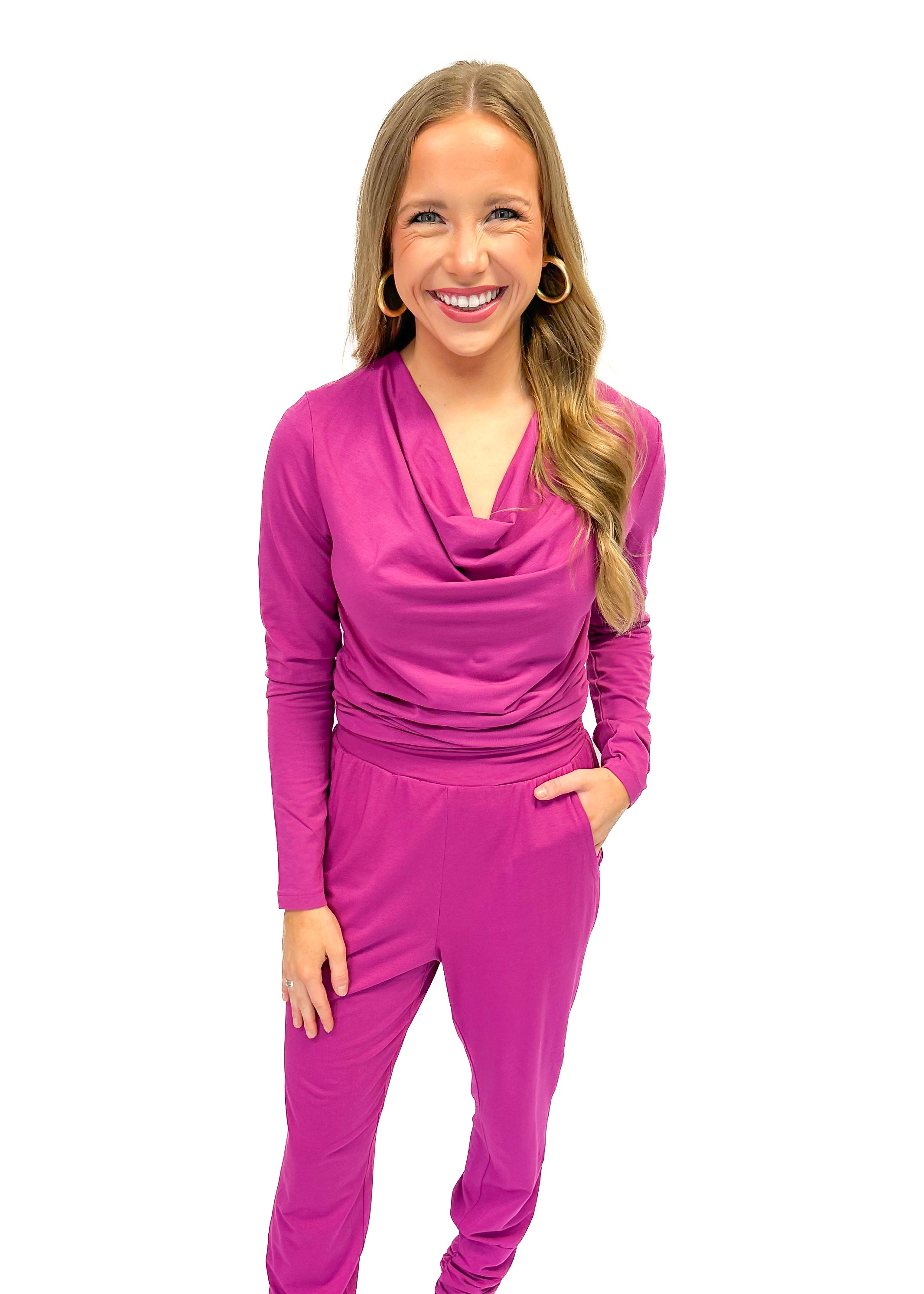 Bobi L/S Side Shirred Cowl Top - Iris - Gabrielle's Biloxi