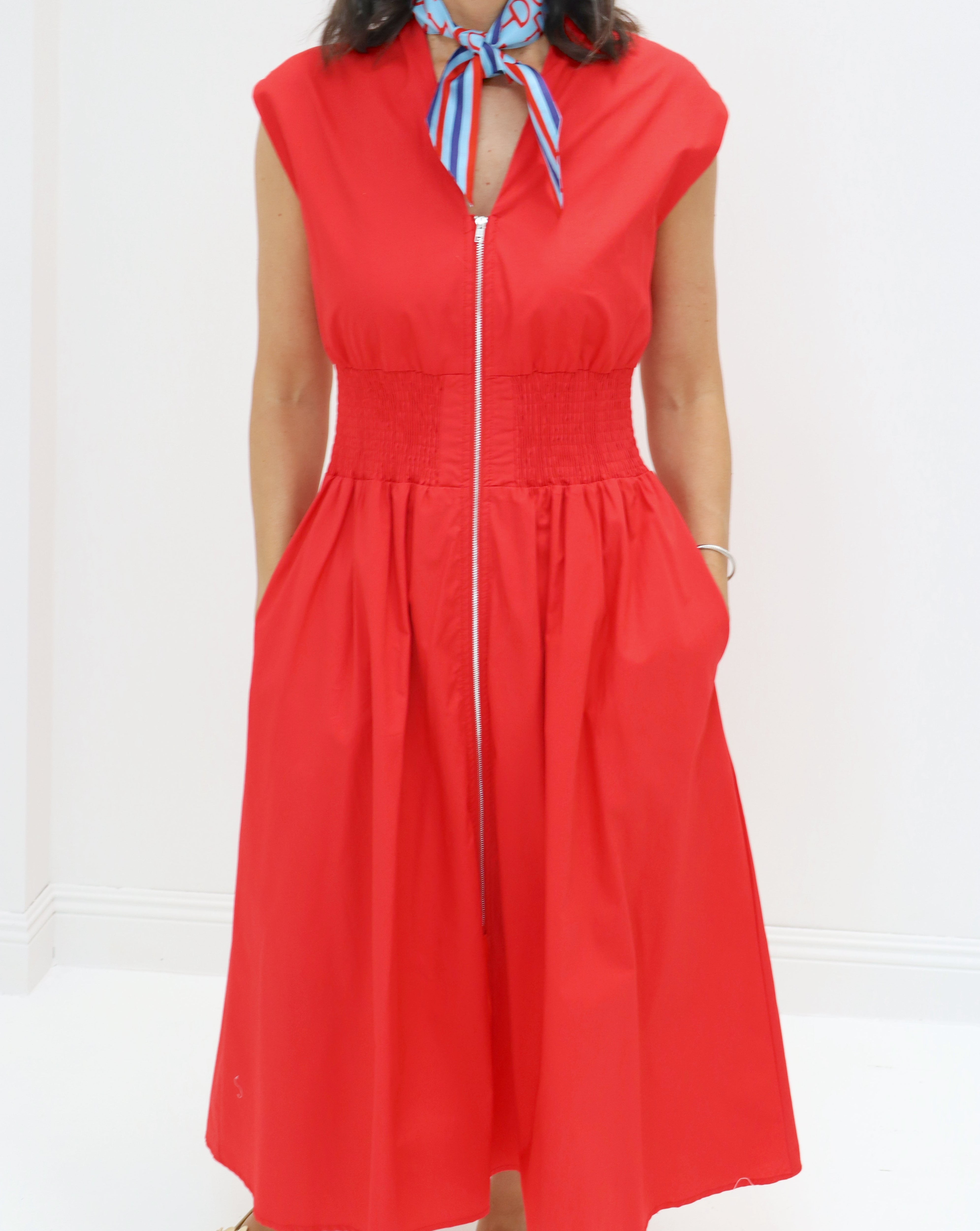 Red Cinched Waist Midi Dress
