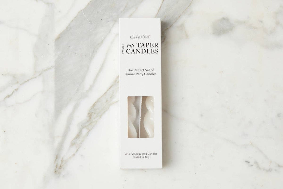 Lacquered Tall Twisted Taper Candles, White, Set of 2 - Gabrielle's Biloxi