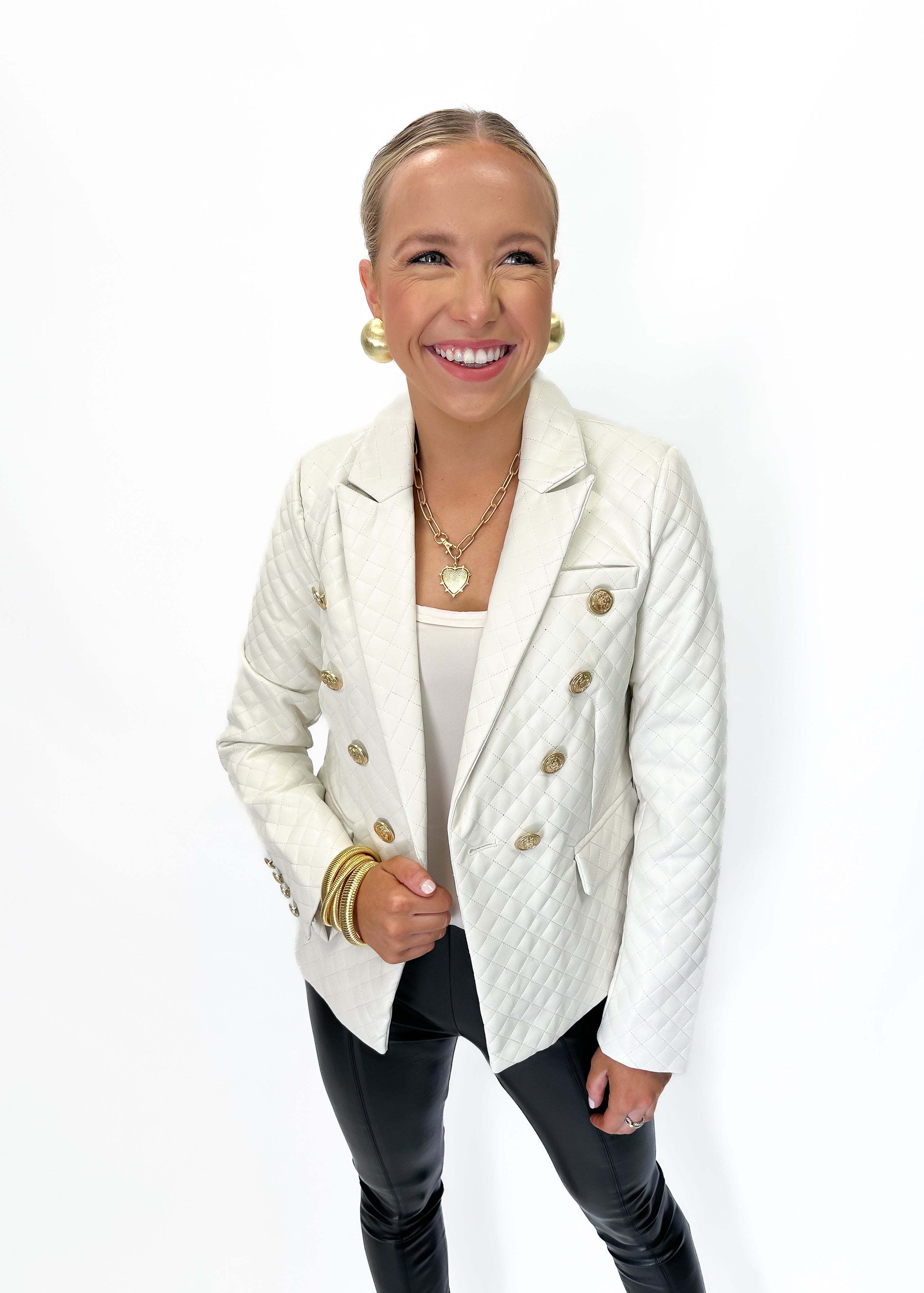 Faux Leather Quilted Blazer - Ivory - Gabrielle's Biloxi