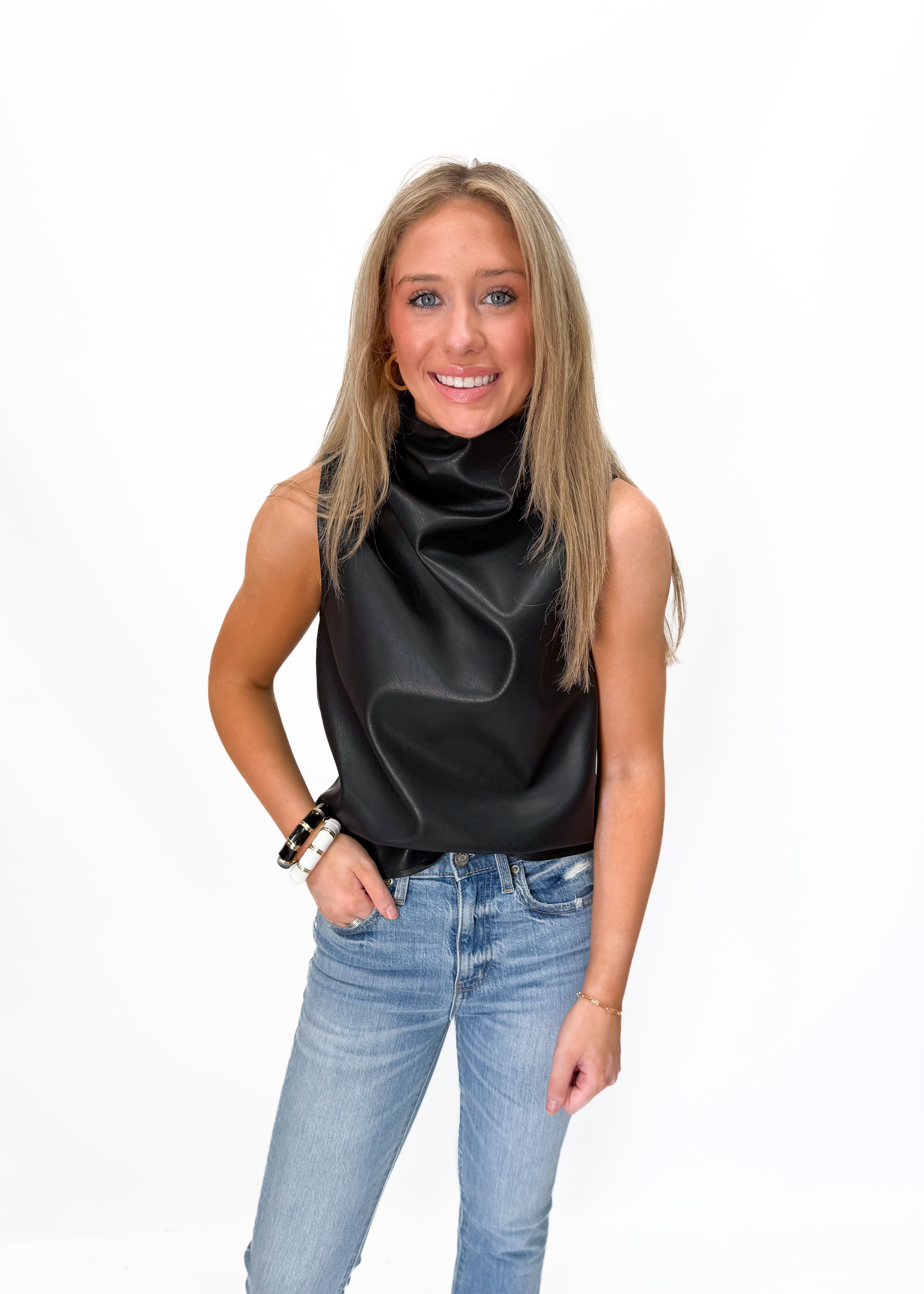 Bishop + Young Claude Faux Leather Cowl Neck Top - Black - Gabrielle's Biloxi