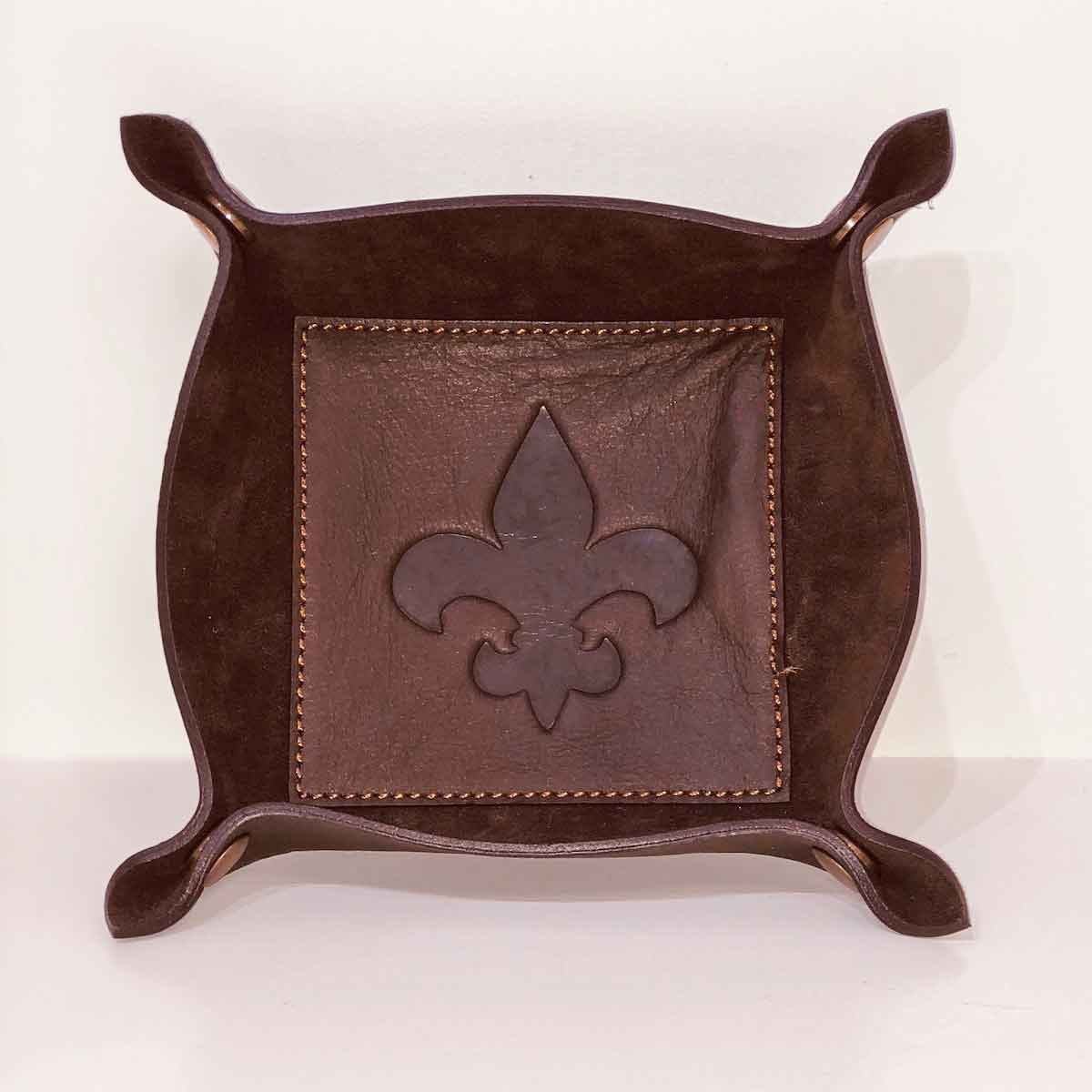 Fleur de Lis Leather Embossed Valet Tray   Dark Brown   8x8 - Gabrielle's Biloxi