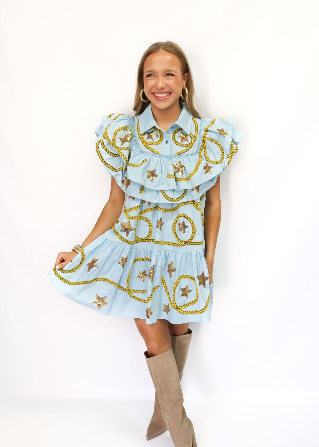 Queen of Sparkles Light Blue Star & Rope Ruffle Dress - Gabrielle's Biloxi
