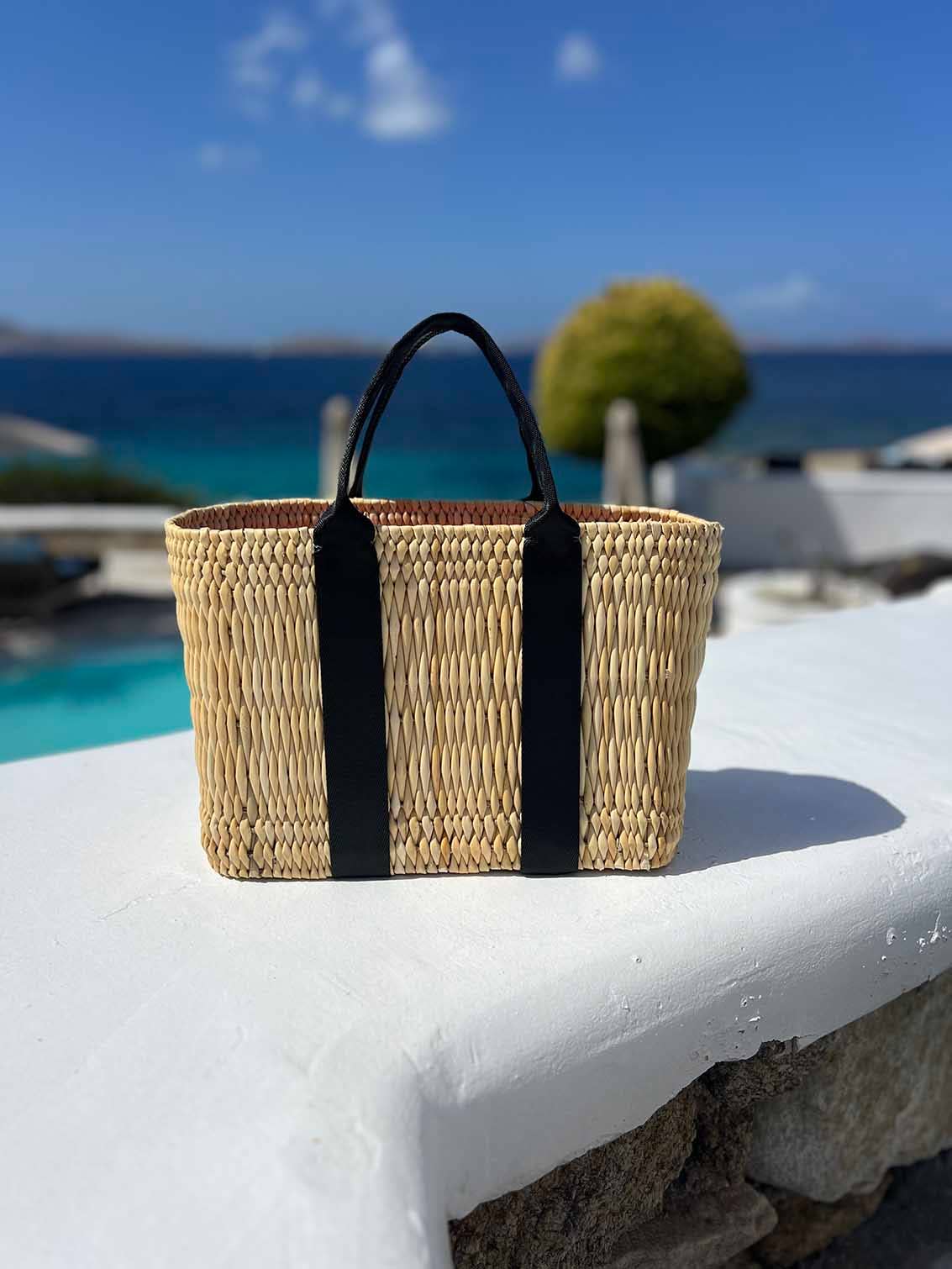 Straw Beach Basket with Black Straps - Thumbnail 2