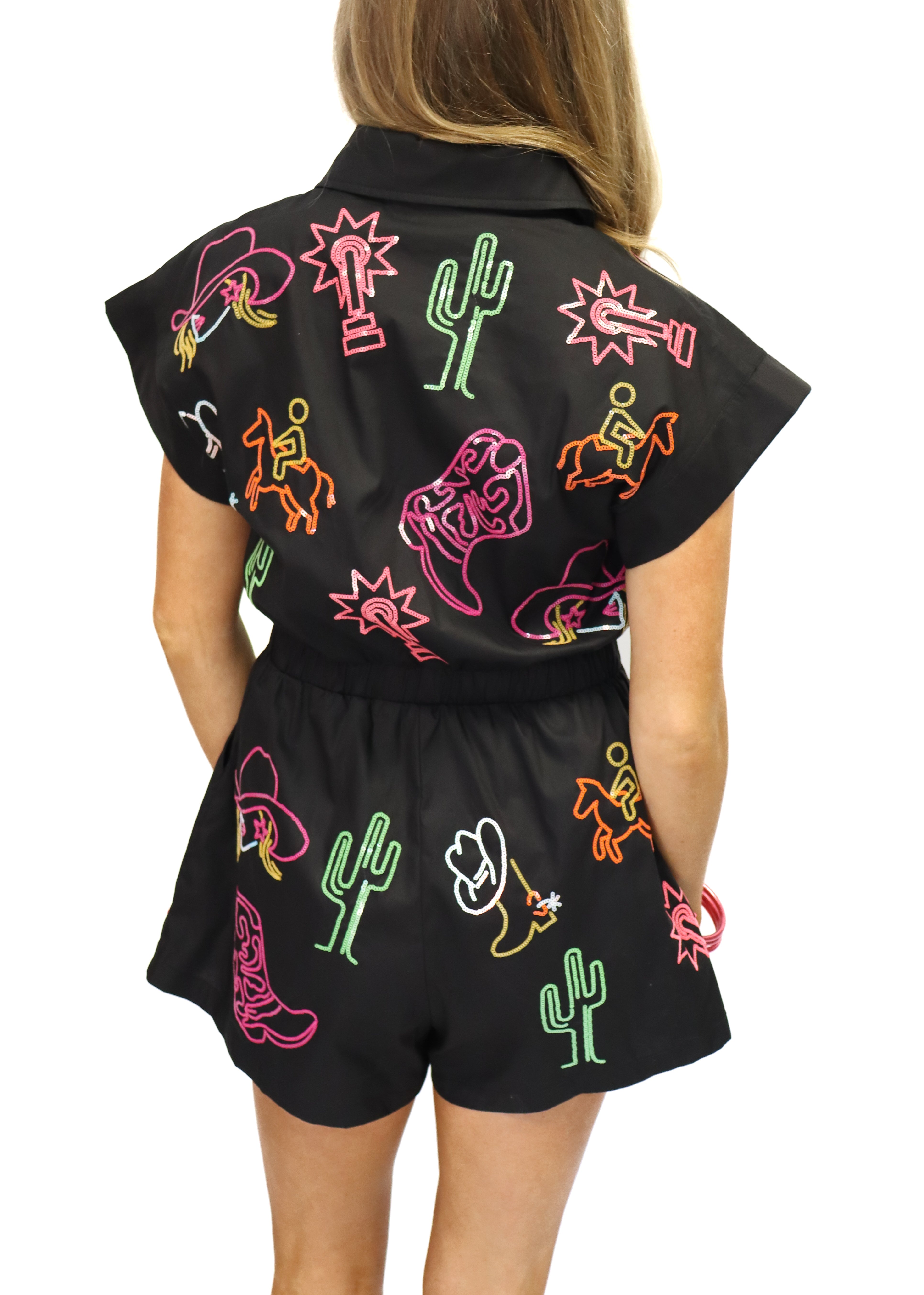 Queen of Sparkles Black & Neon Rodeo Icon Romper - Gabrielle's Biloxi