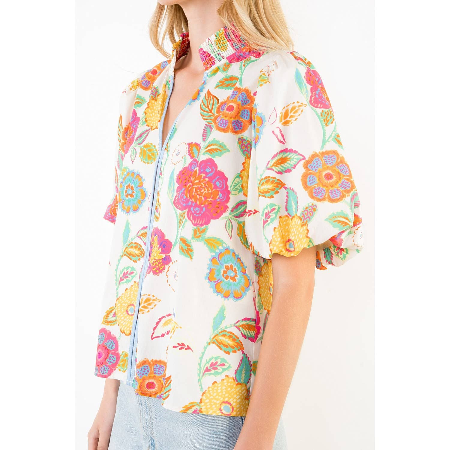 Puff Sleeve Floral Pattern V-Neck Top - Gabrielle's Biloxi