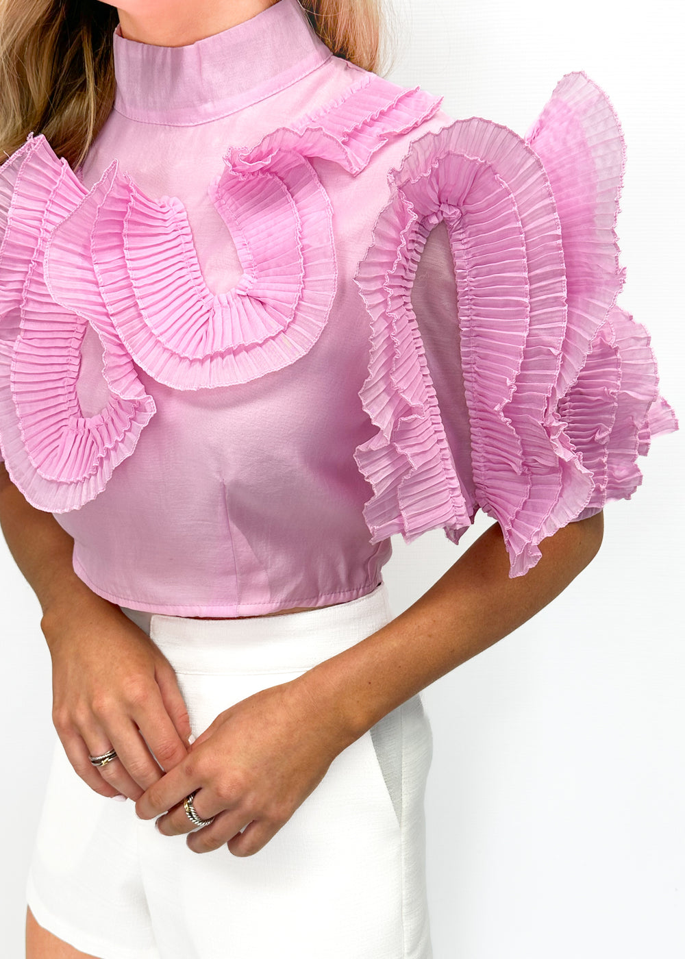 LBLOX Pleated Design Cropped Blouse - Pink - Gabrielle's Biloxi