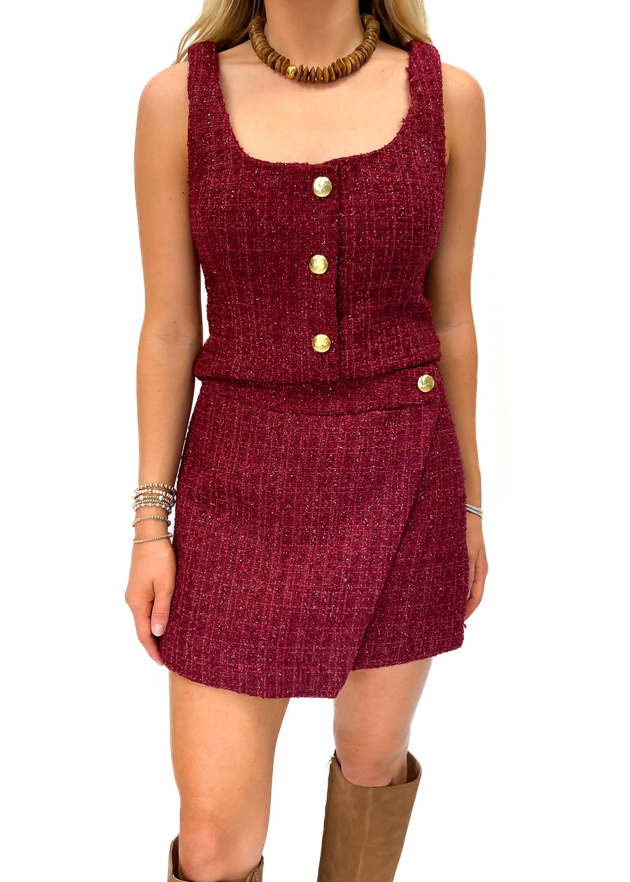 Tweed Front Flap Mini Skirt - Merlot - Gabrielle's Biloxi