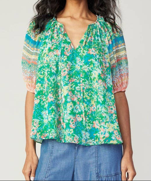 Floral Border Print Split-neck Blouse - Gabrielle's Biloxi