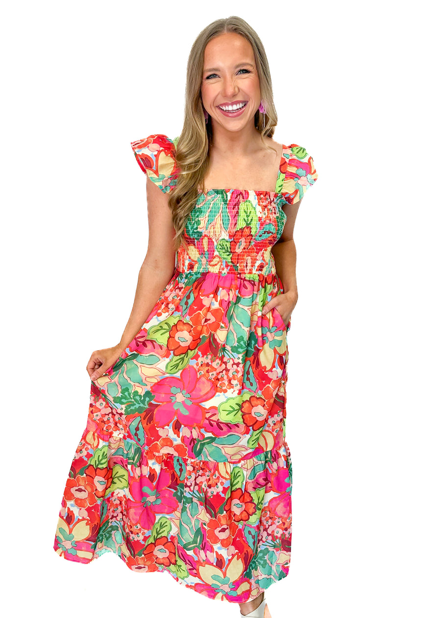 Smocked Floral Print Maxi Dress - Gabrielle's Biloxi