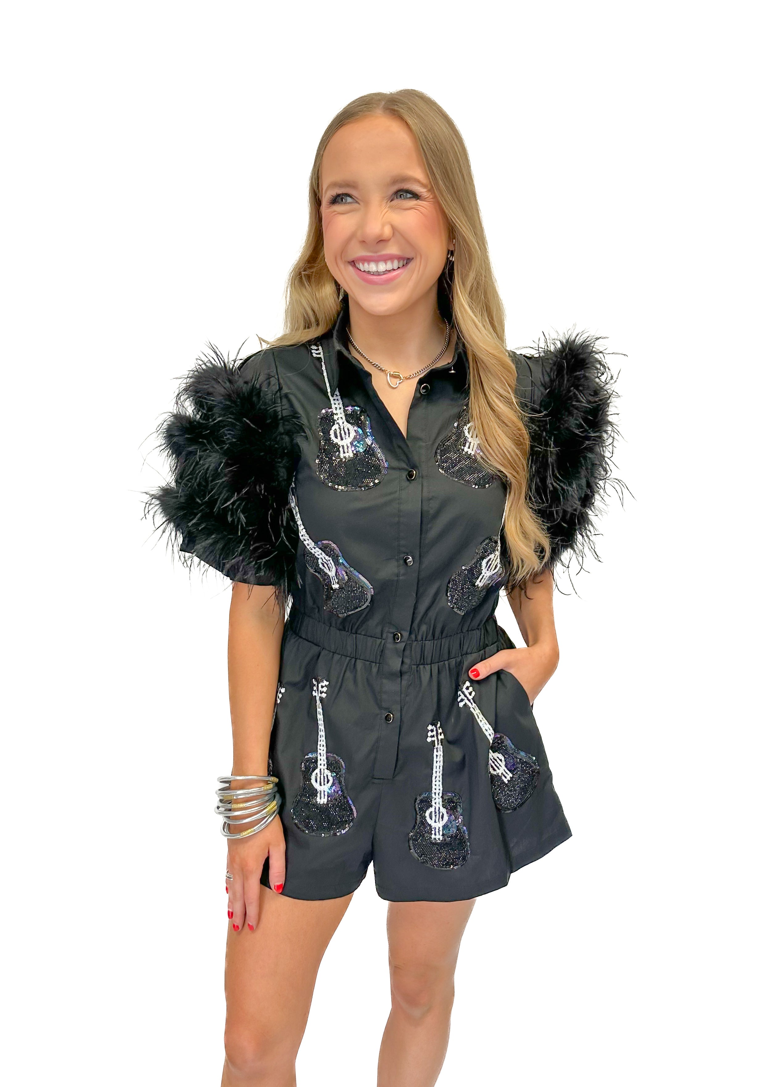 Queen of Sparkles Black Guitar Feather Sleeve Romper - Gabrielle's Biloxi