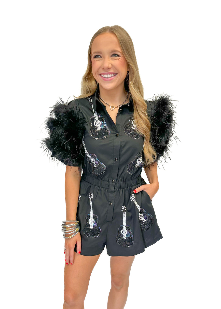 Queen of Sparkles Black Guitar Feather Sleeve Romper - Gabrielle's Biloxi