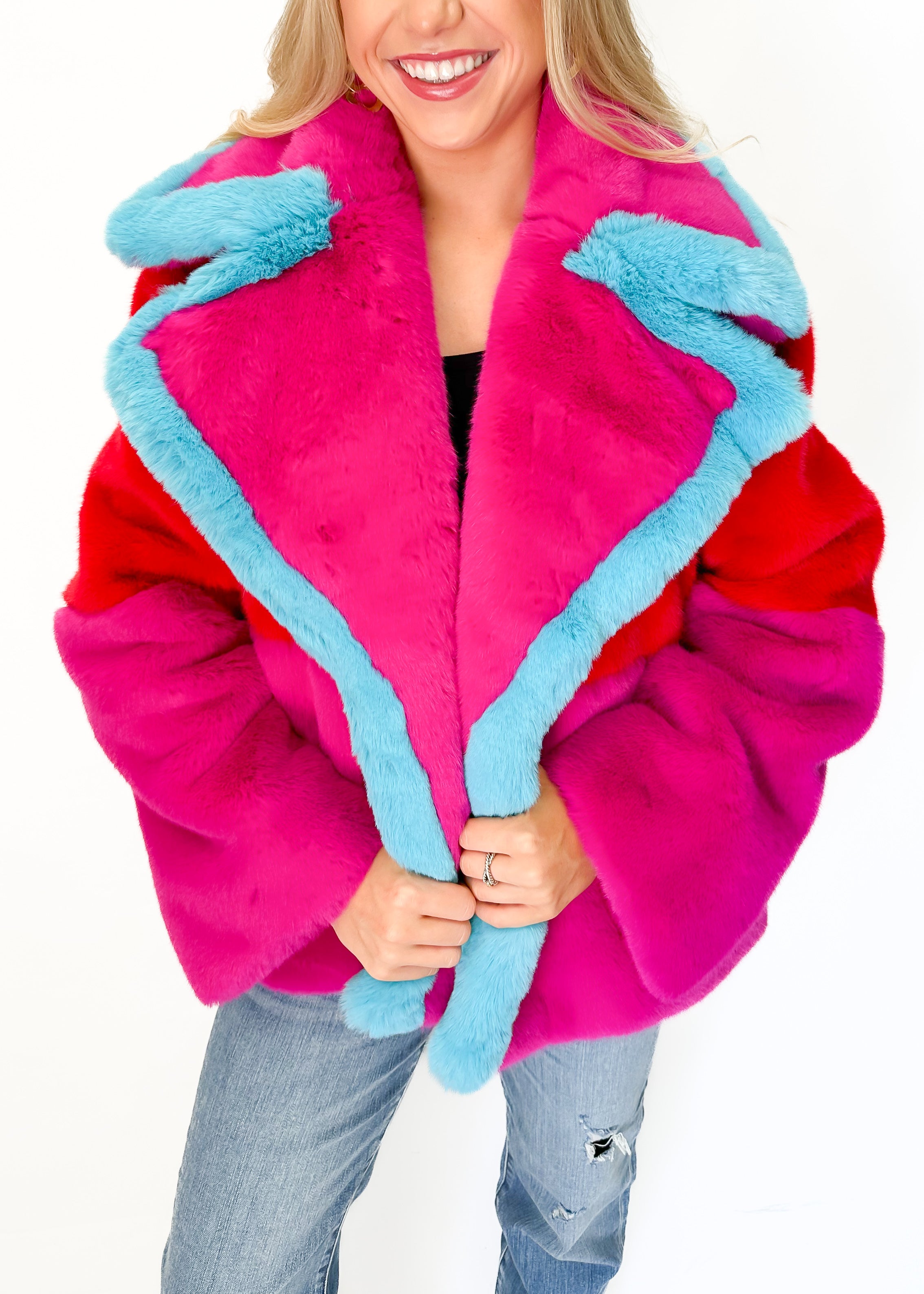 Jayley Faux Fur Gigi Patchwork Cropped Coat - Red - Gabrielle's Biloxi