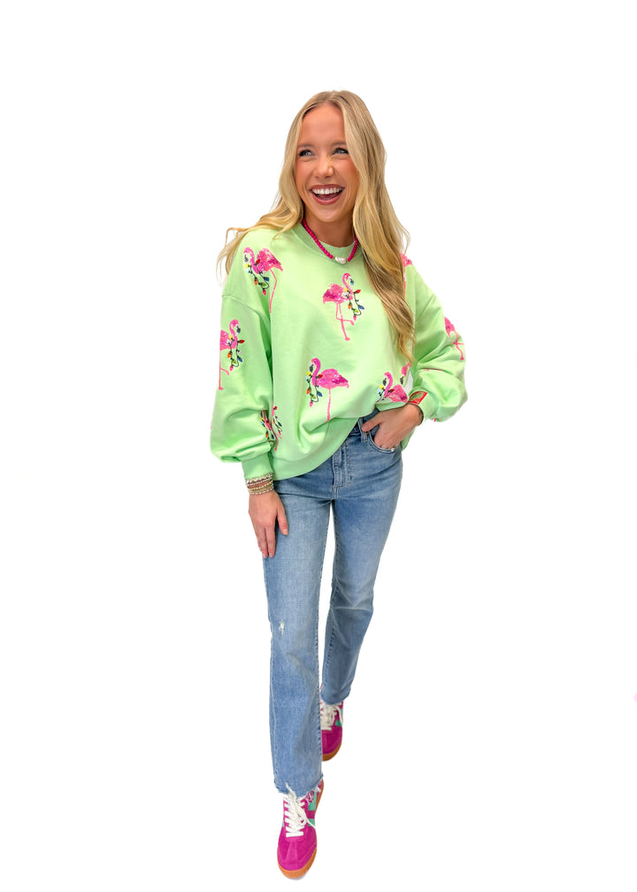 Queen of Sparkles Flamingo Christmas Sweatshirt - Mint - Gabrielle's Biloxi