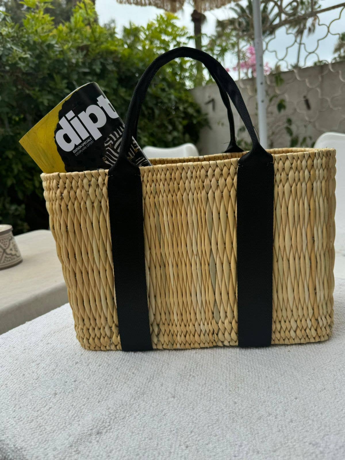 Straw Beach Basket with Black Straps - Thumbnail 5